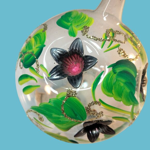Hand Painted Glass Christmas Ornament  Floral embedded metal Flower  Accents - Picture 2 of 8